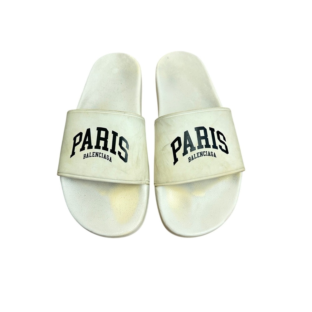 Balenciaga Paris Pool Slides White Black Logo Sandals 689030W1S9A Size 42 12W